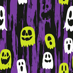 Seamless Halloween and witchcraft-themed patterns with ghosts, aliens, stars, tarot cards, vintage locks, magical objects, and mystical elements in playful and spooky styles.