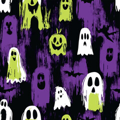 Seamless Halloween and witchcraft-themed patterns with ghosts, aliens, stars, tarot cards, vintage locks, magical objects, and mystical elements in playful and spooky styles.