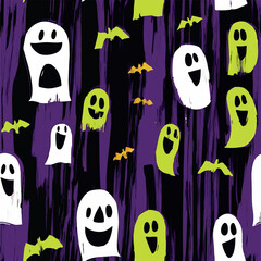 Seamless Halloween and witchcraft-themed patterns with ghosts, aliens, stars, tarot cards, vintage locks, magical objects, and mystical elements in playful and spooky styles.