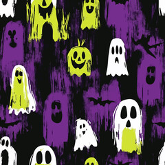 Seamless Halloween and witchcraft-themed patterns with ghosts, aliens, stars, tarot cards, vintage locks, magical objects, and mystical elements in playful and spooky styles.