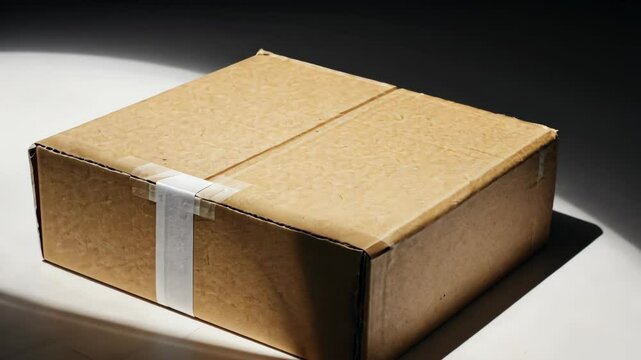 Sealed corrugated cardboard box sits on a plain surface with dramatic lighting and strong shadows, showcasing the packaging material and texture.