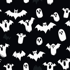 Seamless Halloween and witchcraft-themed patterns with ghosts, aliens, stars, tarot cards, vintage locks, magical objects, and mystical elements in playful and spooky styles.
