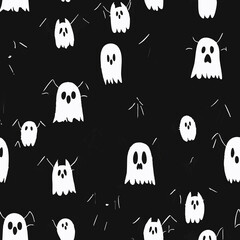 Seamless Halloween and witchcraft-themed patterns with ghosts, aliens, stars, tarot cards, vintage locks, magical objects, and mystical elements in playful and spooky styles.