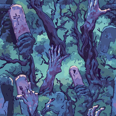 Seamless Halloween and witchcraft-themed patterns with ghosts, aliens, stars, tarot cards, vintage locks, magical objects, and mystical elements in playful and spooky styles.