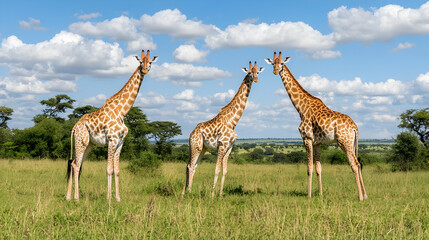 Obraz premium Three Giraffes Standing in a Green Field with a Blue Sky and White Clouds