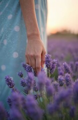 Naklejka premium Woman hand gently touches lavender flowers in purple lavender field. Female hand over blooming Lavandula plants. Summer evening sunset light, aromatic herb meadow. Nature background.