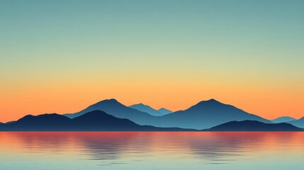 Serene mountain silhouettes reflected in a tranquil ocean at sunset