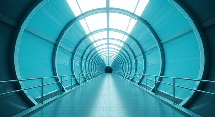 Fototapeta premium Futuristic Blue Tunnel with Geometric Metal Architecture and Bright Light Seamless Indoor Perspective