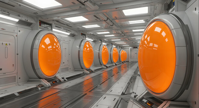 Futuristic Corridor with Orange Portals Seamless Metal Structure and Geometric Details Under Diffused Light