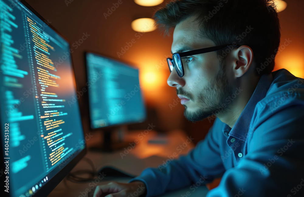 Aufkleber Focused programmer working late night on coding tasks in modern office environment. Developer, software engineer with glasses concentrates at computer screen. Digital technology, IT, web development.