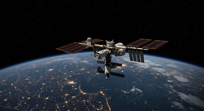 Dramatic Low Angle View of International Space Station Orbiting Over Illuminated Earth City at Night
