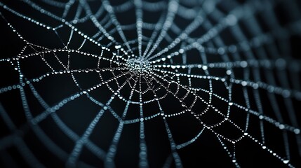 Naklejka premium Spiderweb adorned with dewdrops exhibiting natural artistic beauty on dark background