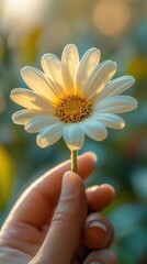 Delicate white flower held gently in a hand, bathed in warm sunlight