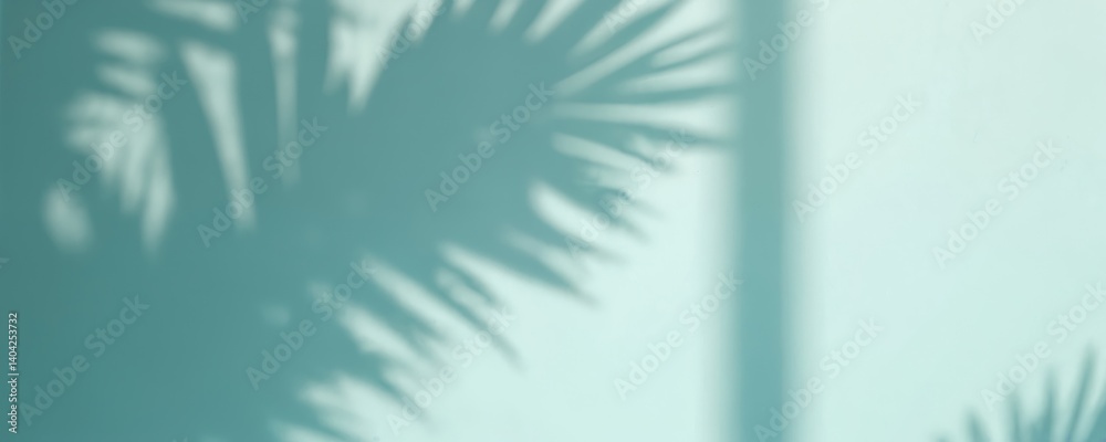 Poster blurred shadows of palm leaves on blue wall background. minimal abstract backdrop for presentation. 