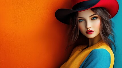 Elegant portrait of a woman in a vibrant setting with playful contrasts and stylish hat