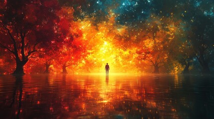 Surreal Enchanted Swamp Landscape with a Man Surrounded by Weird Plants and Magical Nature