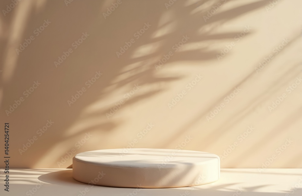 Poster minimalist cosmetic product presentation with palm leaf shadows. empty podium display stand with pas