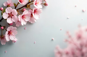 Obraz premium Beautiful spring flowers on a monochrome background. Pink cherry blossom branch, petals on grey. Perfect for holiday designs greeting cards. Elegant design, place text. Nature spring concept.