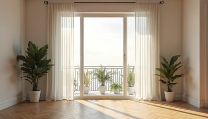 Bright modern minimal interiors room mockup. Light comes from large window, illuminating wooden floor, white walls. Green plants in white pots create cozy atmosphere. Interior design concept, empty