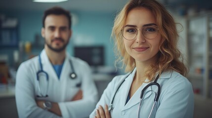 Fototapeta premium Two medical professionals, focused and confident, in a modern clinic setting