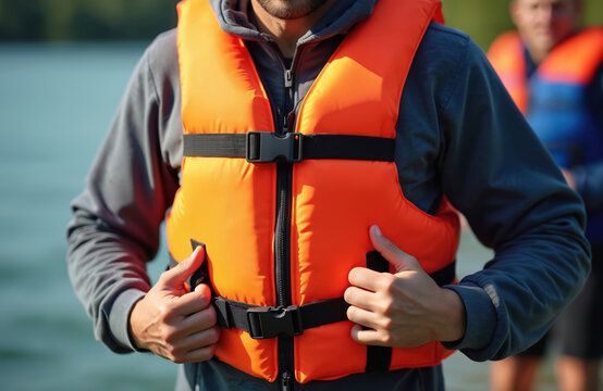 Man puts on life jacket. Orange vest, black buckles, grey hoodie, safe water activity at lake. Person wearing life vest. Water sport, boating, kayaking, travel, vacation, fun and safety.