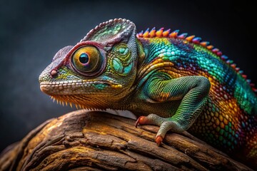 Obraz premium Vibrant Chameleon on Dark Bark: Low Light Reptile Stock Photo