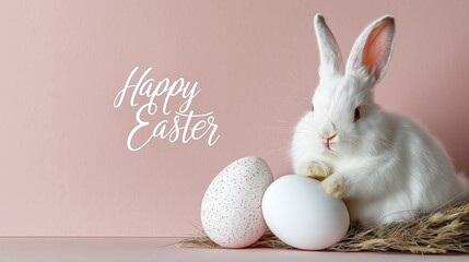 Happy Easter Card with Bunny and Colorful Eggs on a Pastel Pink Background