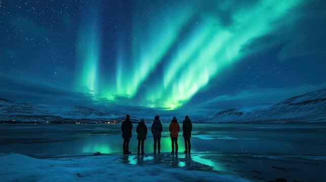 Awestruck group admiring the vibrant northern lights display in a serene arctic landscape