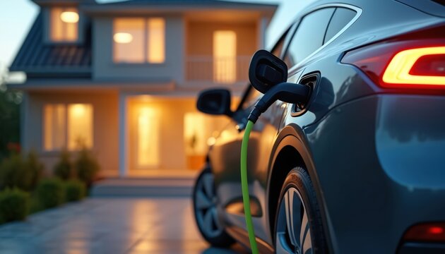 Electric car charging at home from wall box. Modern EV hybrid vehicle with cable plugged. Green energy, clean transport, eco friendly, reduce carbon footprint, future tech.