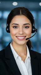 Friendly woman with headset smiles, ready to assist with information.