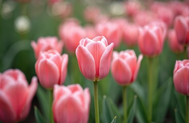 Fototapeta premium Pink tulips bloom in garden in spring. Close-up view of vibrant flowers on green background, soft focus. Ideal for nature, romantic, spring concepts. Represents beauty, love, holidays, season of