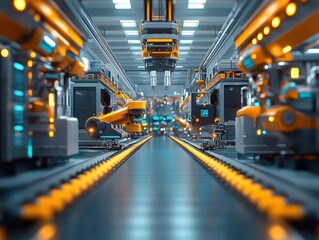 Fototapeta premium A wideangle view of a hightech assembly line with automated machines, Automation, Efficient and futuristic