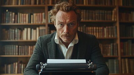 Serious man types on vintage typewriter in library