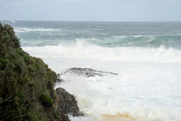 Fototapeta premium Views south from Maignon Bay Lookout on an overcast autumn day, Basket Bay, Tasmania
