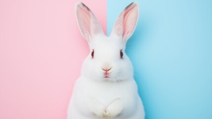 Fototapeta premium Isolated White Bunny on Pink and Blue Half Background with Copy Space for Text. Minimalistic Design