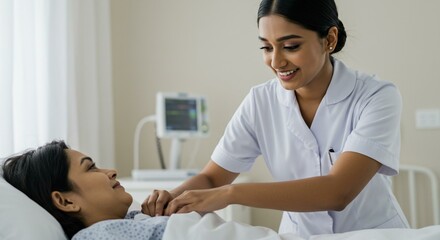 Obraz premium Nurse tending to a patient lying in a hospital bed. Smiling and caring.