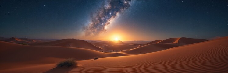 Stunning desert landscape with starry night sky. Majestic Milky Way galaxy illuminates sand dunes. Magical sunset, travel destination, vibrant colors, scenic view.