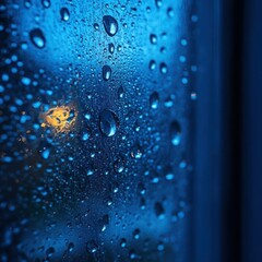 Raindrops on a window at night, illuminating the scene with a soft, warm light
