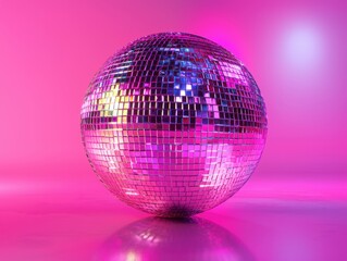 Obraz premium A vibrant disco ball reflects colorful lights against a pink background, creating a festive and energetic atmosphere.