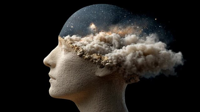 Mental power imagination concept, Abstract stone human head exploding with smoke and galaxy elements.