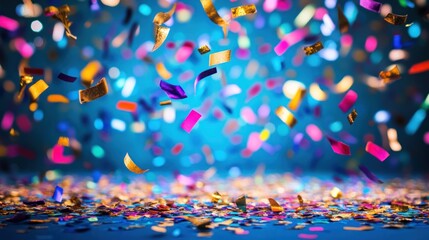 a vivid explosion of joy featuring a dynamic cascade of colorful confetti against a vibrant blue backdrop capturing the essence of celebration and festive excitement for various events
