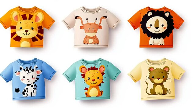 Colorful children's t-shirts featuring cute animal designs on a clean white background