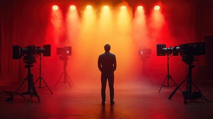 Studio backdrop with presenter and lighting equipment