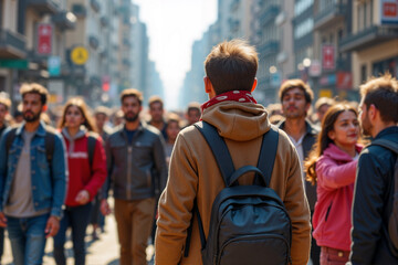 Fototapeta premium A lively urban street bustling with pedestrians enjoying a sunny afternoon. People chat and walk in various directions, creating a vibrant atmosphere. Generative AI.