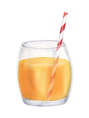 Glass of fresh orange juice. Watercolor illustration isolated on white background. Summer drink, cocktail