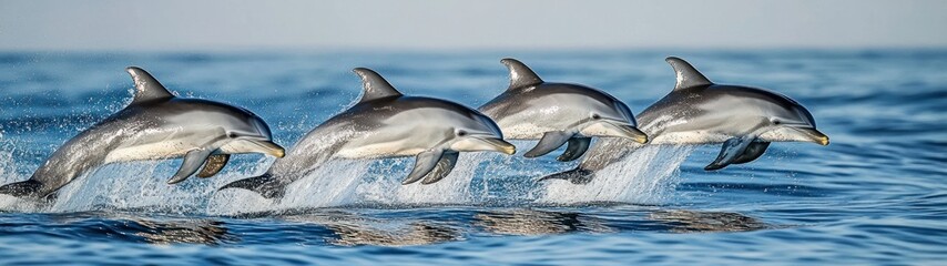 Fototapeta premium Four Striped Dolphins Leaping from the Ocean