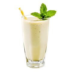 A smooth Indian lassi drink, garnished with a sprig of mint, served in a tall glass, placed on a clean white background.