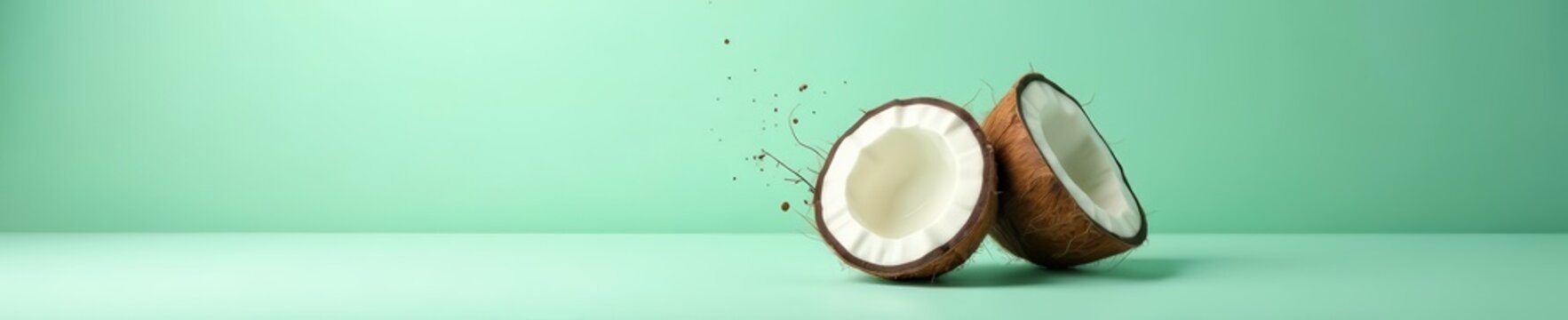 Fresh coconut falling in motion on clear background, healthy, falling