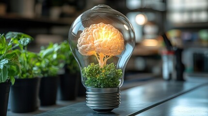 Innovative brain lightbulb concept with a growing tree inside