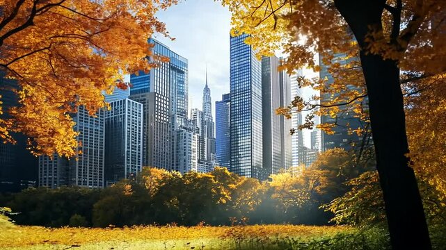Autumn's colorful embrace a field of gold frames the city skyline on a sunny day